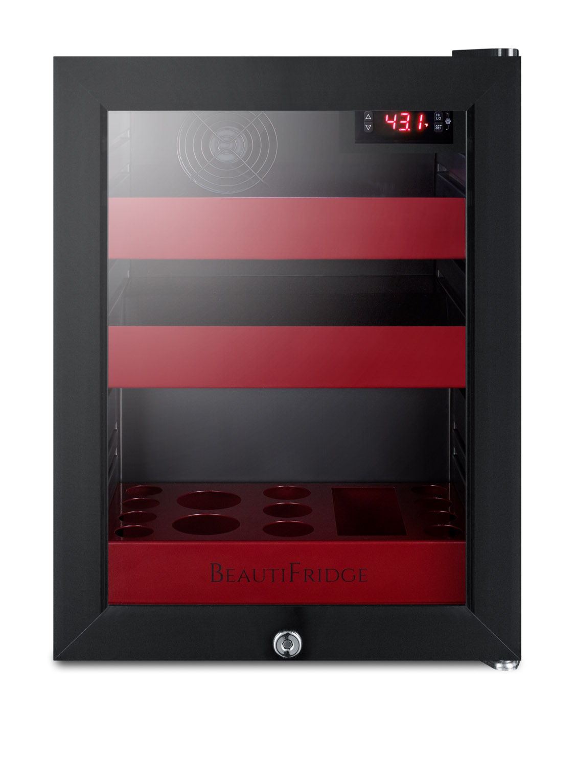 BeautiFridge compact cosmetics cooler with glass door, black cabinet, lock, glossy ruby-colored shelves, and digital controls set for the storage of beauty products